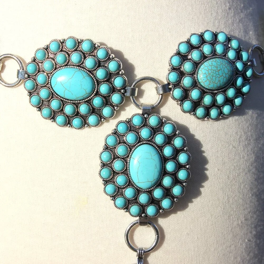 Western Turquoise Flower Concho Floral Oval Burst Medallion Belt L/XL by Tipi - Picture 4 of 8